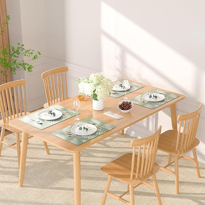 QIYI Placemats Set of 6, 12x18 Inch Faux Leather Place Mats for Kitchen Dinning, Heat Resistant Anti Slip Green White Table Mats, Waterproof Wipeable Washable Placemat Party Table Décor, Fern Leaves