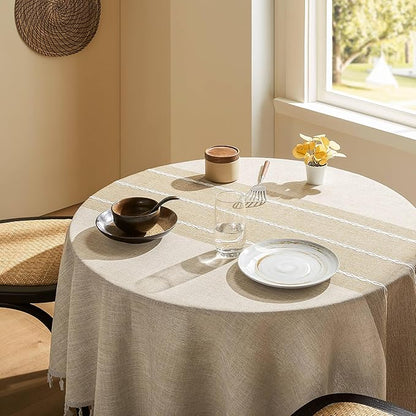 ZeeMart Contrast Linen Round Tablecloth 60 Inch Brown, Farmhouse Style Round Table Cloth Heavy Weight Beige Tablecloths, Water Resistant Burlap Table Cloths