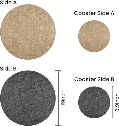 13-Inch Faux Leather Round Placemats Set of 8, Waterproof Anti-Slip Dual Sided Place mats, Heat Resistant Washable Table Mats with Coaster, Suitable for Indoor & Outdoor (8, Black Light Coffee)