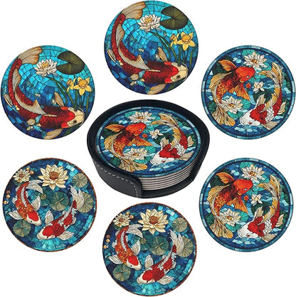 Fish Coasters Leather Round Drink Coasters 6 Pcs Set with Holderor for Cup Drink Coffee Table Bar Home Decor