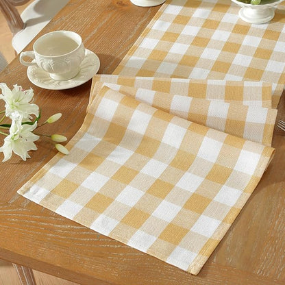 Laolitou Yellow Checkered Table Runner, Cotton Linen Gingham Table Runners - Image 5