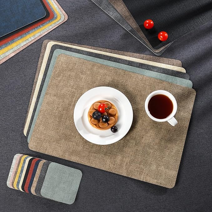 Myir JUN Dual Sided Faux Leather Placemats Set of 8 for Indoor Outdoor Dining Tables, Square Non-Slip Washable Wipeable Table Mats (Gray Sage Green, Set of 8)