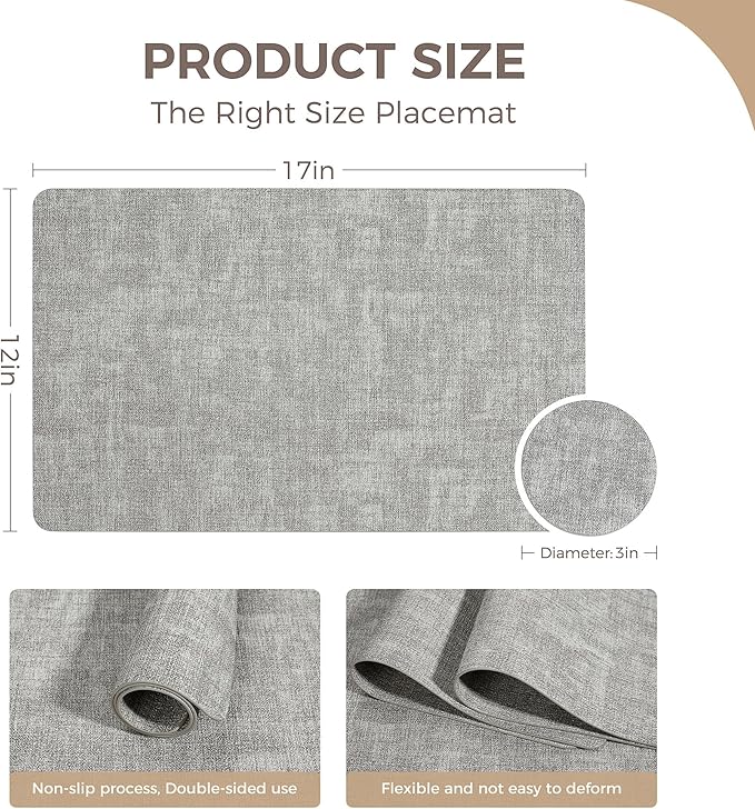 Vinyl Placemats Set of 4, Faux Leather Waterproof and Heat Resistant Place Mats, Washable Anti-Slip Table Mats with Coaster, Wipeable Placemats for Indoor & Outdoor 17" x 12" (Light Grey, Set of 4)