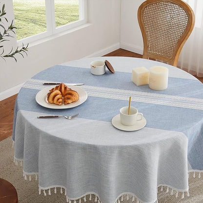ZeeMart Contrast Linen Round Tablecloth 52 Inch Mid-Stripe Blue, Farmhouse Style Round Table Cloth Heavy Weight Dusty Blue Tablecloths, Water Resistant Burlap Table Cloths