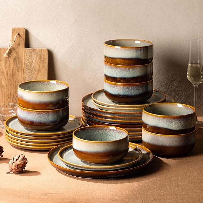 Ceramic Dinnerware Set for 8, 24-Piece Plates and Bowls Set | Handmade Reactive by TheTerra