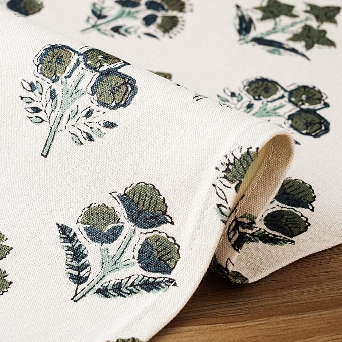 Block Print Floral Decorative Table Runners, 13x72 Inch Olive | 100% Organic - Image 5