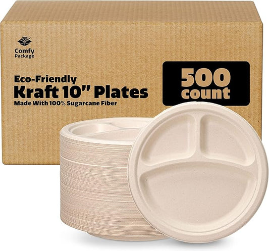 GUSTO [Case of 500 10 Inch Heavy-Duty 100% Compostable, 3 Compartment Eco-Friendly, Disposable Sugarcane Paper Plates - Brown Unbleached (Formerly Comfy Package)
