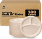 GUSTO [Case of 500 10 Inch Heavy-Duty 100% Compostable, 3 Compartment Eco-Friendly, Disposable Sugarcane Paper Plates - Brown Unbleached (Formerly Comfy Package)