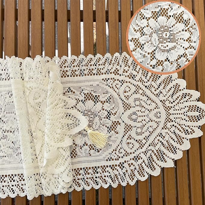 2Pcs Lace Table Runners with Tassels, Farmhouse Boho Doily Vintage Floral - Image 4