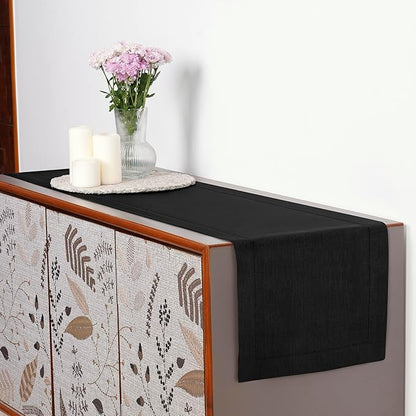 D'Moksha Homes Linen Black Table Runner 84 Inches Long - 100% Pure Linen Table Runner 14 x 84 Inch for Spring, Easter - Classic Hemstitch