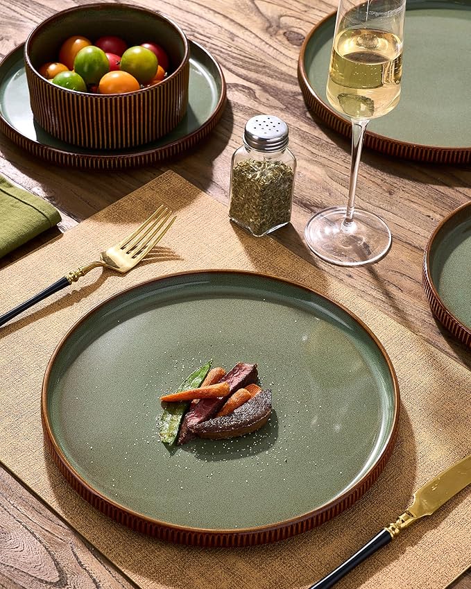 Ceramic Plates & Bowls Sets for 6, Handmade Reactive Glaze | Green Brown - Image 3
