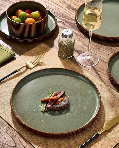 Ceramic Plates & Bowls Sets for 6, Handmade Reactive Glaze | Green Brown - Image 3