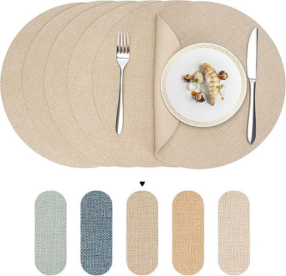 Round Wipeable Placemats Set of 6 – Faux Leather Round Table Mats, Waterproof & Washable Vinyl Placemats, Circle Design for Dining Table Decor– Taupe