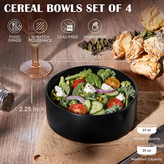 E-far Cereal Bowls Set of 4, 25oz Black Ceramic Deep Soup Bowls - Image 2