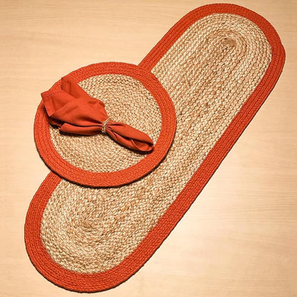 Verona Woven Jute & Cotton Table Runner, 13x36 Inches, Natural | Oval, Rust - Image 4