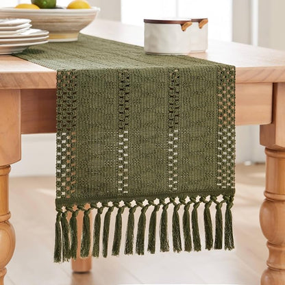 Macrame Style Boho Table Runner, 12x108 Inch Moss | Woven Boho Table Runner - Image 7