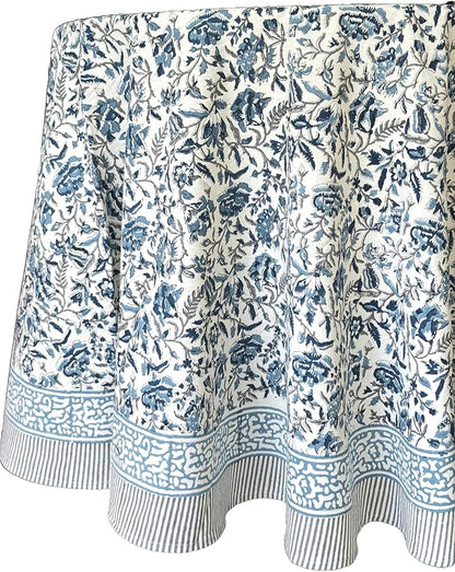 ATOSII Jodhpur Blue 100% Cotton Round Tablecloth, Handblock Print Floral Table Cloth for Kitchen Dining Linen I Parties, Weddings, Outdoors, Christmas I Fall Home Decor 90" Inches Round