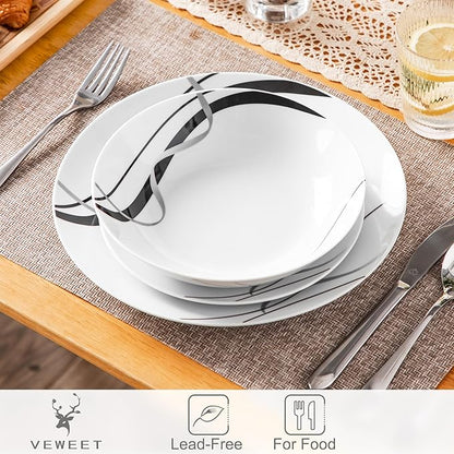 VEWEET Porcelain Dinnerware Sets for 6, 18 Pieces Plates and Bowls Set with Black and Grey Ribbon Lines, Dishes Set Dining Ware for Dinner, Microwave and Dishwasher Safe, Series FIONA