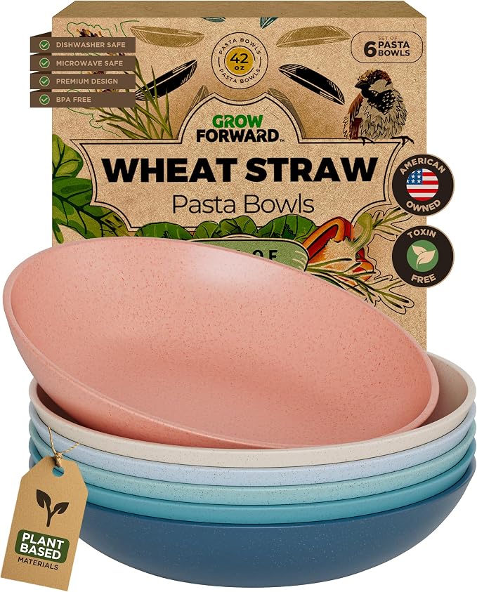 Grow Forward Premium Wheat Straw Pasta Bowls - 42oz Unbreakable Wide & Shallow by GrowForward