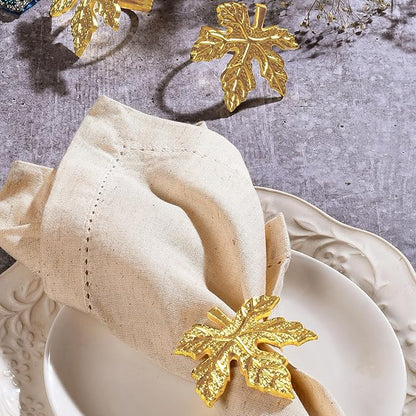 CLEENTABLE Elegant Handcrafted Leaf Napkin Rings - Set of 12 Premium Aluminum Holders for Dinner Parties, Weddings, Special Occasions & Everyday Dining (Gold)