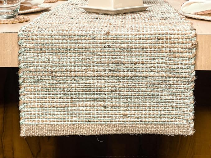 Natural Jute Table Runner, 13x90 Inch, Sage Green-White | Vintage Boho Rustic by ChardinHome