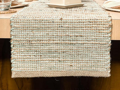 Natural Jute Table Runner, 13x90 Inch, Sage Green-White | Vintage Boho Rustic by ChardinHome