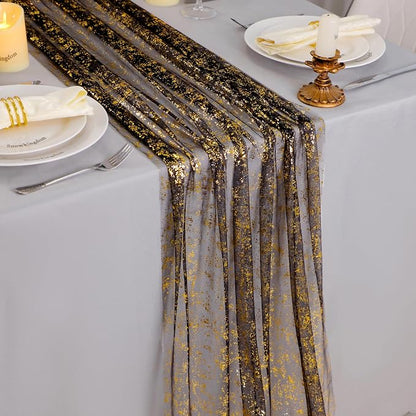 Snowkingdom Black and Gold Cheesecloth Table Runner 10 FT, Sheer Chiffon - Image 8