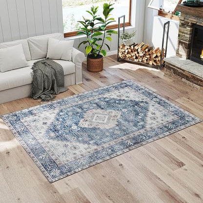 HOMCOM Washable Area Rug, 5'x7' Vintage Indoor Distressed Carpet, Retro Floor Cover Foldable, Floral Print Mat for Living Room, Bedroom, Dining Room, Blue