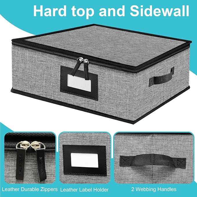 Quilted Platter Storage Case 2PACK-Fine China Storage Containers Hard Shell for Organizing,Stackable Plate Storage Containers with 8 Felt Dividers,dinnerware Storage,Moving Box,Moving Supplies
