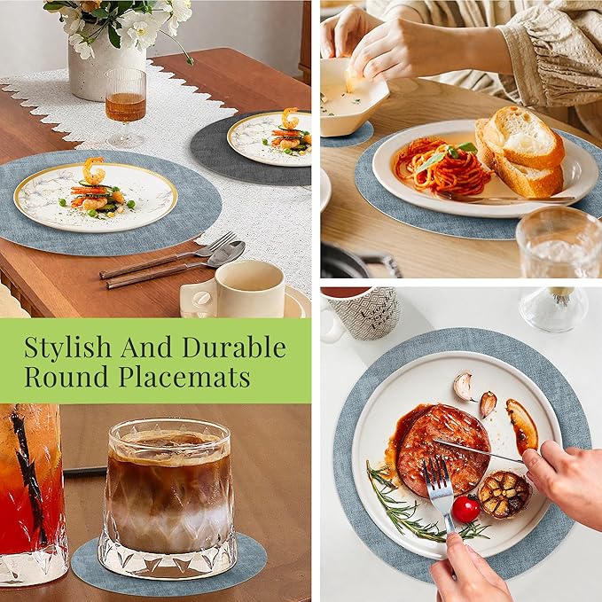 13-Inch Faux Leather Round Placemats Set of 8, Waterproof Anti-Slip Dual Sided Place mats, Heat Resistant Washable Table Mats with Coaster, Suitable for Indoor & Outdoor (8, Black Light Blue)