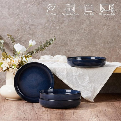 E-far Blue Pasta Bowls Set of 4, 35oz Double Reactive Glaze Stoneware | Wide & - Image 2