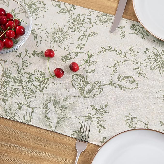 jinchan Green Floral Linen Table Runner 13 x 90 Inch Farmhouse | Rustic - Image 3