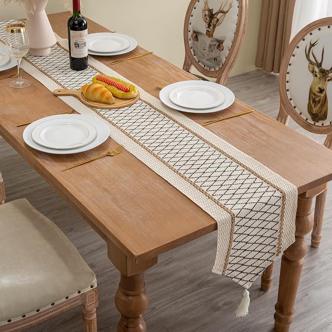 Table Runner, Boho Style with Tassels, Cotton & Linen, Farmhouse Home Decor - Image 4
