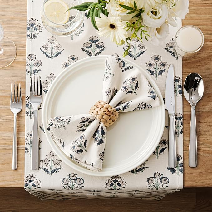 Block Print Floral Decorative Table Runners, 13x90 Inch Grey | 100% Organic - Image 3