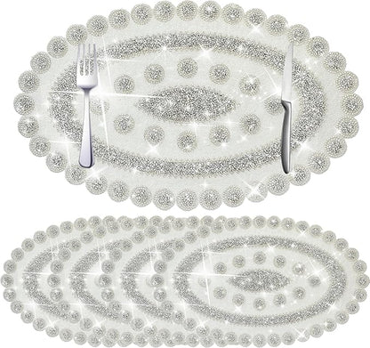 Sparkling Silver Diamond Placemats Bling Oval Place Mat Heat Elegant Table Decor for Weddings, Holidays, and Special Events (15x9 Inch)-4 PCS