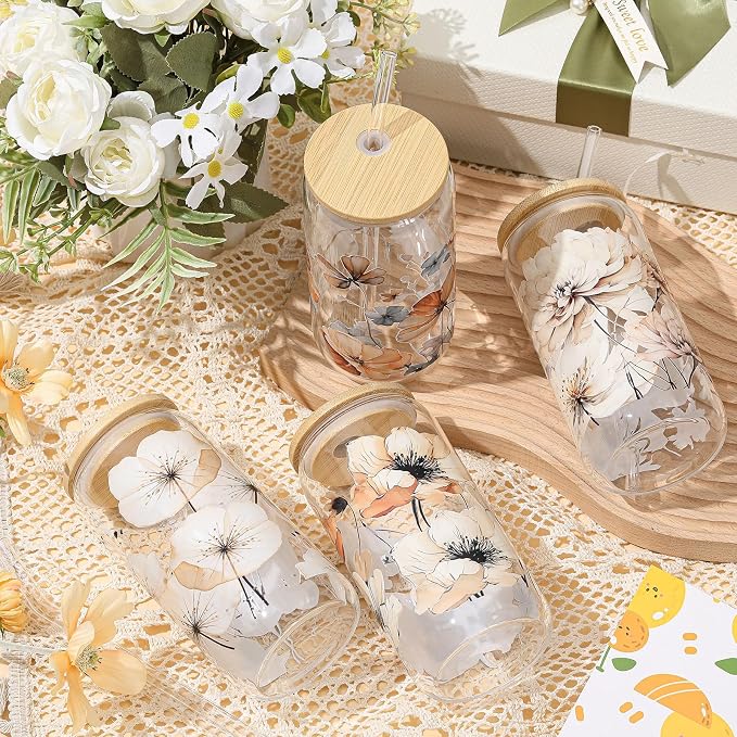 Mumufy 4 Pack Wildflower Glass Cups Gift Aesthetic Cute Glass Cup Tumbler - Image 4