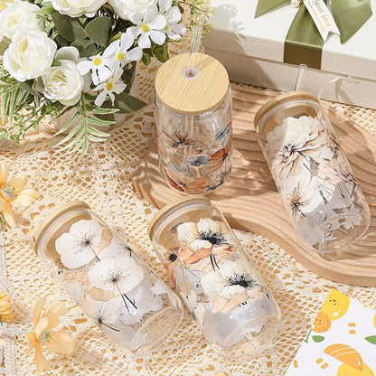 Mumufy 4 Pack Wildflower Glass Cups Gift Aesthetic Cute Glass Cup Tumbler - Image 4