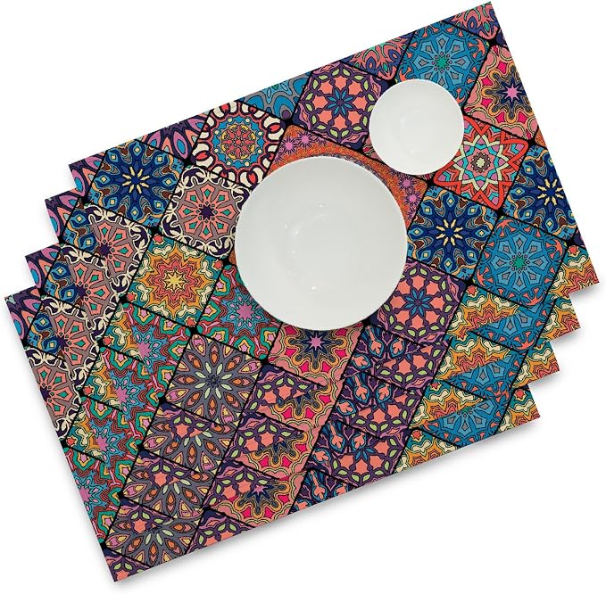Boho Bohemian Placemats Set of 4, Line Table Mats | Vibrant Mosaic Print by Winotic