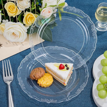 DaYammi 60PCS Clear Plastic Plates Heavy Duty Clear Disposable Plates 7.5” Fancy Dessert Plates Small Cake Plates Appetizer Platos Hard Round Plastic Platos Disposable for Wedding and Party