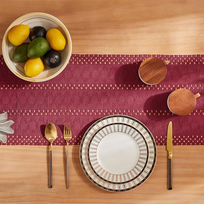 Macrame Style Boho Table Runner, 12x60 Inch Burgundy | Woven Boho Table Runner - Image 4