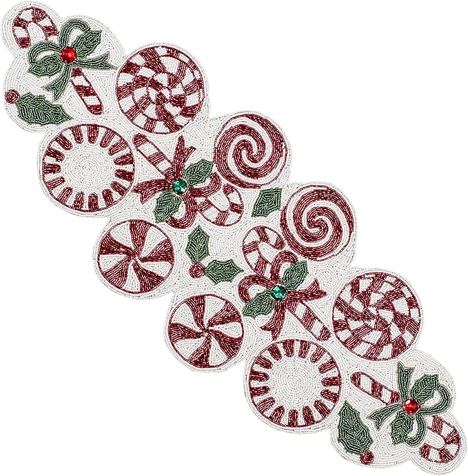 Christmas Beaded Table Runner, 13x36 | Handcrafted, 85% glass beads, polyester by CLEENTABLE