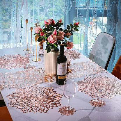 Snowkingdom 12 Pack Rose Gold Placemats Metallic Pressed Vinyl for Mother's Day Table Decoration Dinning Mats Bulk Round Floral Charger for Wedding Valentine's Day Christmas Holiday