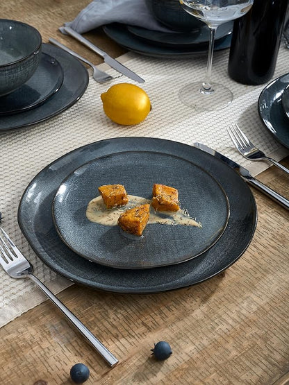 Famiware Moonlight Plates and Bowls Sets, 18 Pieces Stoneware Dinnerware Sets with Linen Finish, Handmade Dishware set for 6, Microwave and Dishwasher Safe, Scratch Resistant Tableware, Dark Blue