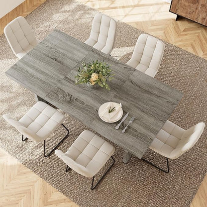 7-Piece Dining Table Set for 6 People, 70.8" MDF Kitchen Table with 6 Upholstered Chairs, Space-Saving for Dining Room, Breakfast Nook(Grey Table+6 White Chairs)