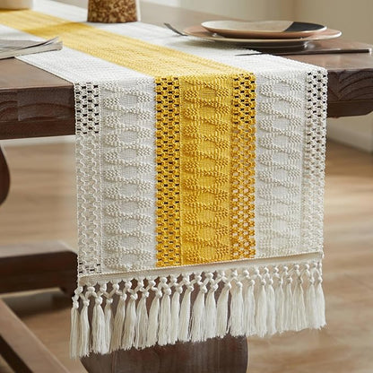 Macrame Style Bicolor Stitching Table Runner 14x36in Mustard | Woven Boho Table - Image 7
