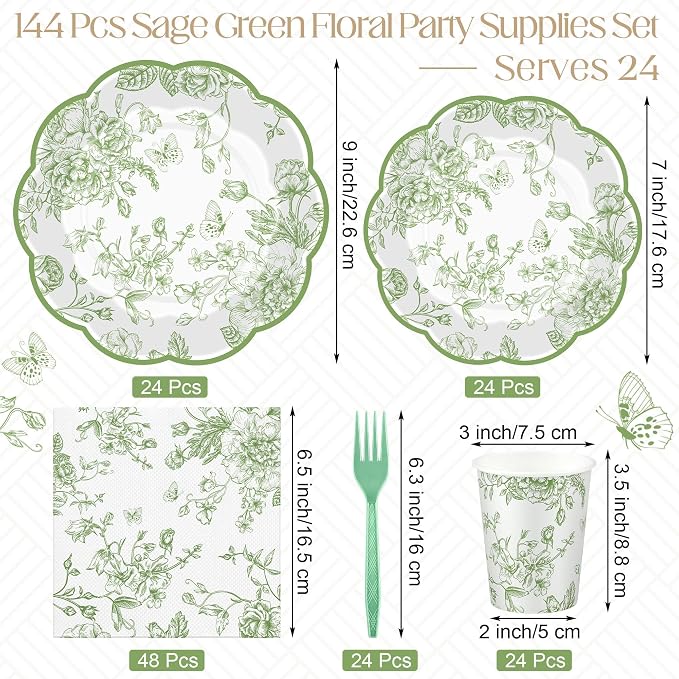 Kochorie 144 Pieces Sage Green Floral Paper Plates and Napkins Party Supplies - Image 2