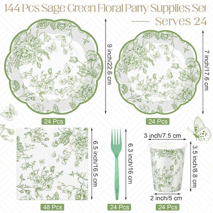 Kochorie 144 Pieces Sage Green Floral Paper Plates and Napkins Party Supplies - Image 2
