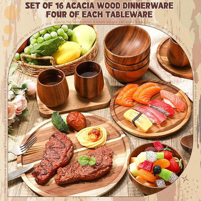 24 Pcs Acacia Wood Dinnerware Set, Round Wooden Plates, Solid Wooden Bowls and - Image 4