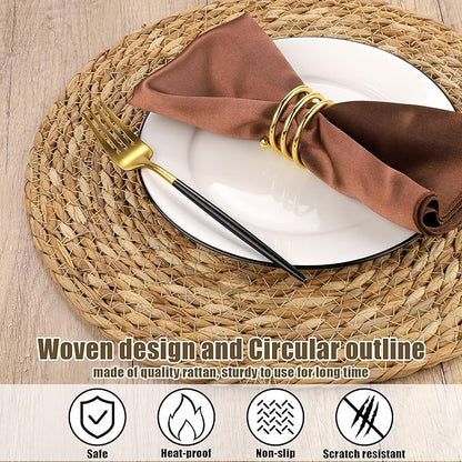 Kochorie Set of 6 Round Woven Placemats - 13.8 Inches Natural Boho Rattan Wicker Table Mats for Home Dining Table