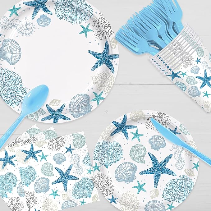 168pcs Coastal Beach Paper Plate Napkin Seashell Party Supplies Serve 24 | Blue - Image 5